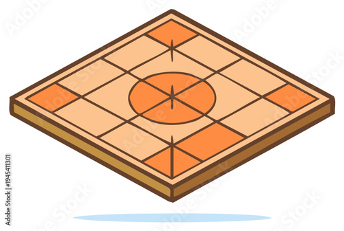 Isometric game board illustration featuring grid patterns and a central circular area in warm earthy tones