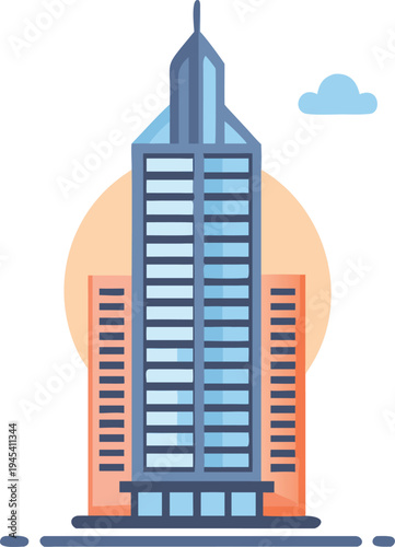 Modern Skyscraper Building with Blue Glass Facade and Orange Base Minimalist Vector Illustration