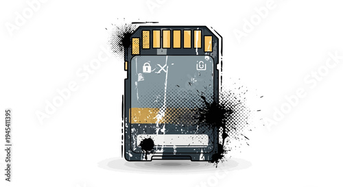 Distressed SD Card with Black Ink Splatters