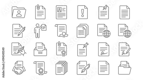 Collection of 20 line icons depicting various document and file management concepts