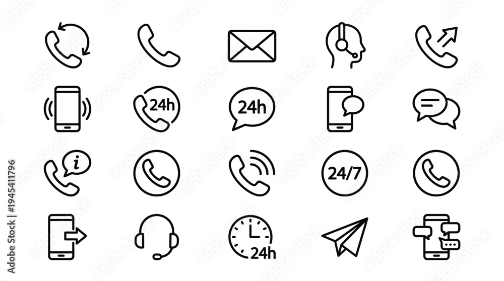 Fototapeta premium Collection of 20 black and white icons representing various communication methods and symbols