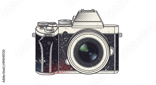 Retro camera with planet Earth reflection in the lens, vintage style