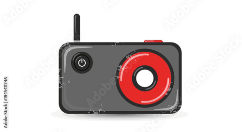 Retro digital camera, black and red, with antenna and power button