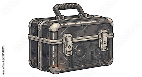 Retro pixel art suitcase, vintage travel case with metal details