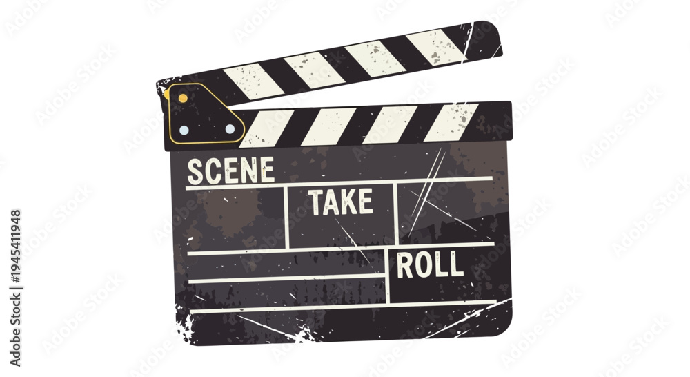 Fototapeta premium Vintage film clapperboard, movie production equipment, isolated on white