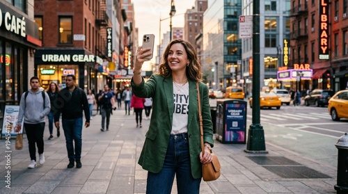 Happy young woman taking a selfie with her smartphone on a bustling city street at sunset, enjoying her urban travel experience amidst vibrant shops and iconic yellow cabs.