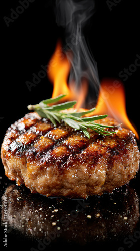 Grilled Beef Burger Patty with Flames – Generative AI