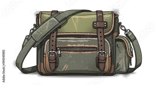 Vintage messenger bag, canvas and leather, retro style.