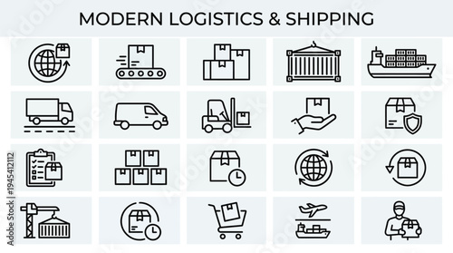 Modern logistics and shipping icons set for efficient supply chain management