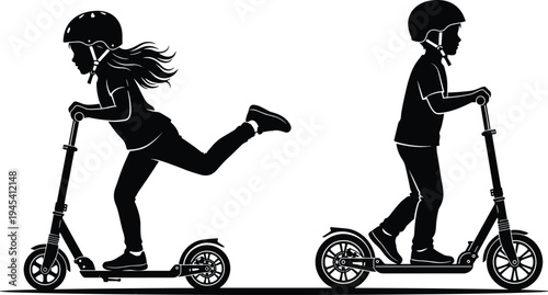 Children riding kick scooters silhouette, kids scooter activity, helmet safety, outdoor play, boy girl scooter illustration, urban mobility, healthy lifestyle