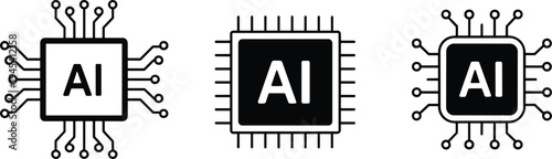 Artificial intelligence chip icons set, AI processor microchip with circuit connections representing digital technology computing system flat vector illustration