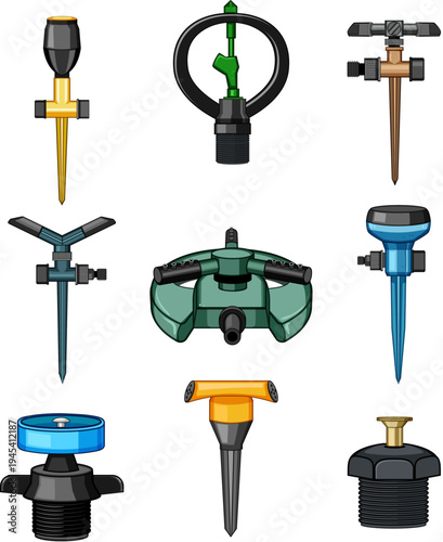 Different types of watering devices are illustrating essential equipment for maintaining lawns, plants, and agricultural fields, highlighting concepts of water management and growth