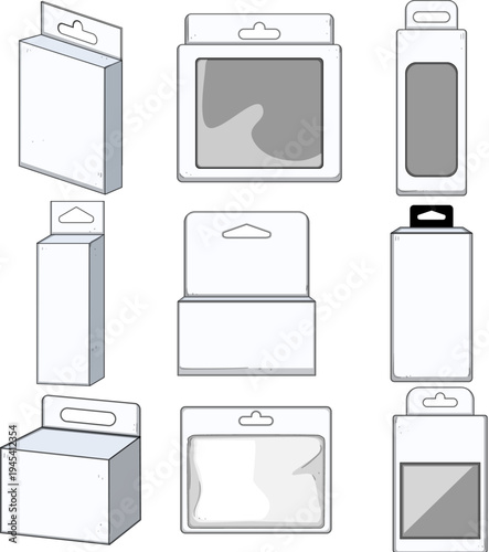 Collection of blank white hanging retail packaging boxes and blister packs on hooks, assorted mockup templates for product display, branding, merchandising and store presentation
