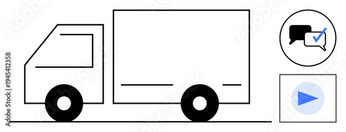Simplistic delivery truck with bold chat bubble checkmark and play button highlighting shipping process, communication, and instructions. Ideal for logistics, transportation, delivery, communication