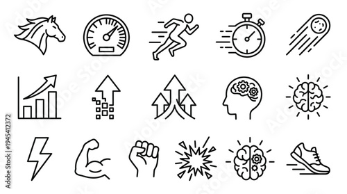 Collection of 12 black and white line icons representing speed time motivation and productivity