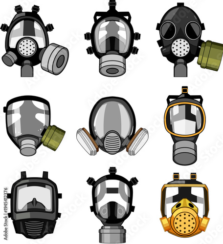 Diverse collection of breathing protection equipment, including various gas masks and respirators, designed for safety against hazardous environments and air pollution