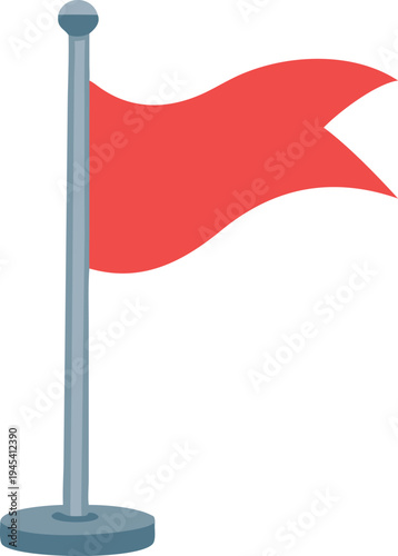 Red Flag on Pole Waving Isolated on White Background