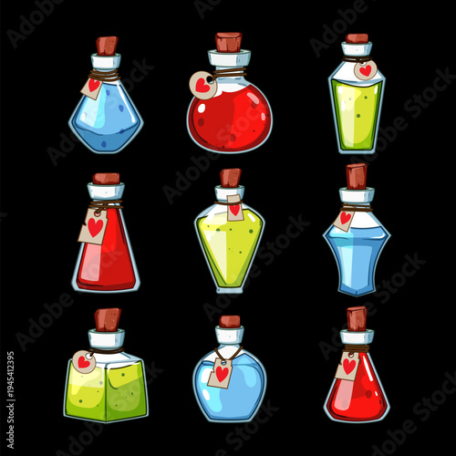 Collection of stylized magical potion bottles, each filled with colorful liquid and featuring a heart shaped label, representing health, mana, or various enchantments for game assets