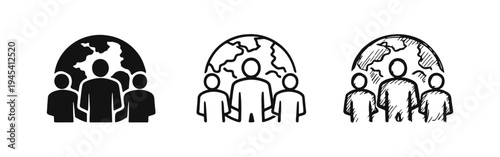 Global community icon set. World population and diversity symbol in solid, outline, and hand-drawn styles.