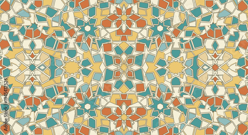 Seamless geometric mosaic pattern in warm terracotta, teal, yellow, and beige. Intricate abstract Moroccan and Islamic decorative background.