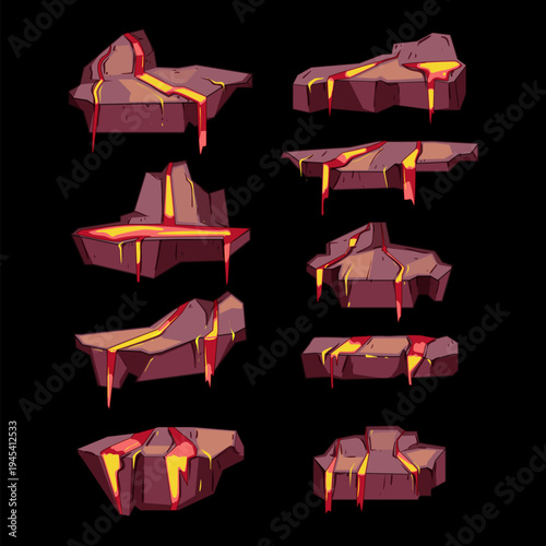 Cartoon style lava platforms providing elements for computer games, featuring hot magma flowing over stone ledges, useful for user interface or level design