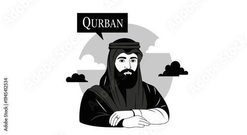 Stylized illustration of an Arab man in traditional attire with 'Qurban' text, representing Islamic sacrifice or Eid al-Adha