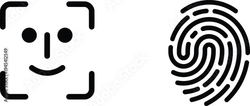 Biometric authentication icons set, facial recognition and fingerprint scan symbols for digital identity 