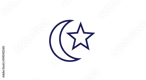 Outline icon of a crescent moon and five-pointed star, representing Islamic faith, spirituality, and religious symbolism. Graphic element.