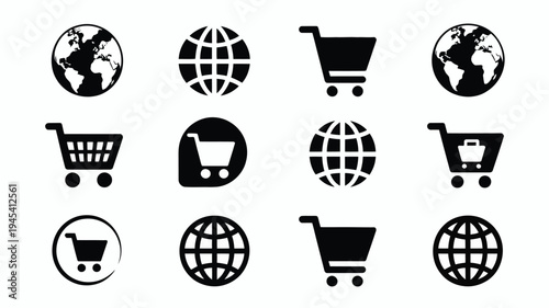 Global e commerce shopping cart and world globe icons in black silhouette on white background for business and online store concepts