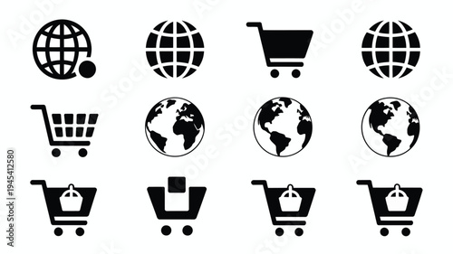 E commerce global shopping icons set with world map and cart symbols on white background for business and online store concepts