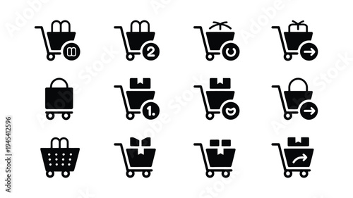 E commerce shopping cart icons in black silhouette style for online stores and retail websites