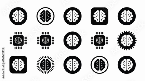 Modern ai badge style silhouette logos with brain and gear symbols representing artificial intelligence and technology concepts
