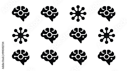 Digital network and brain silhouettes in black on white background for technology and innovation concepts