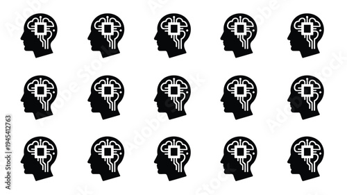Artificial intelligence concept with human head silhouettes and glowing circuit brain networks on white background
