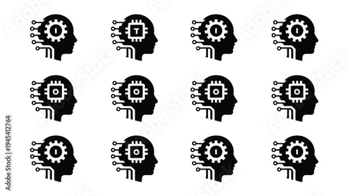 Artificial intelligence concept with human head silhouettes and gear mechanisms representing machine learning and innovation in technology