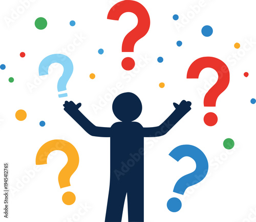 Silhouette figure surrounded by colorful question marks symbolizing confusion and inquiry.  illustration