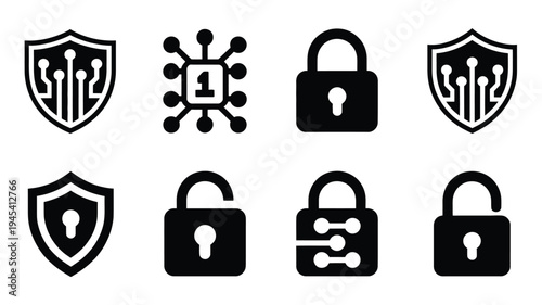 Cybersecurity and ai silhouette logos and icons for data protection and privacy concepts
