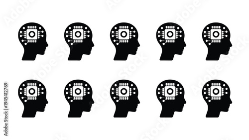 Artificial intelligence concept multiple human silhouettes with glowing circuit boards in heads on white background