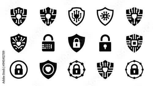 Cybersecurity and ai silhouette logos and icons for technology and data protection concepts