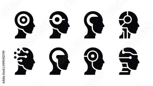 Machine learning and ai concept with silhouette logos of human heads with gears and circuits inside on white background