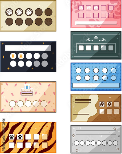 Variety of loyalty cards featuring diverse themes like coffee, bakery, spa, birthday, and pet services, providing customer rewards and promoting business retention