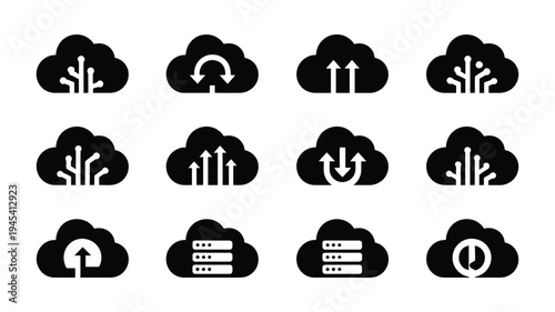 Cloud computing icons set black and white silhouette logos for ai data storage and network symbols