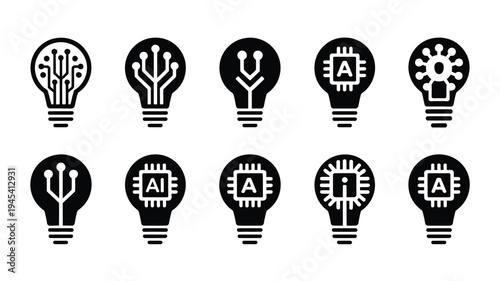 Innovative technology logos with light bulb shapes and ai circuitry symbols on white background