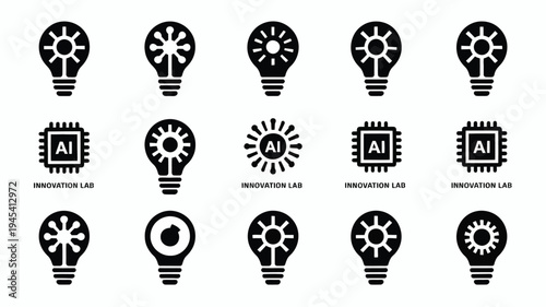 Innovation lab concept with light bulb and gear icons ai technology symbols and creative thinking ideas representing business innovation and development
