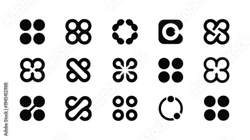 Futuristic digital abstract silhouette set with interconnected geometric shapes and symbols on white background for technology and design concepts