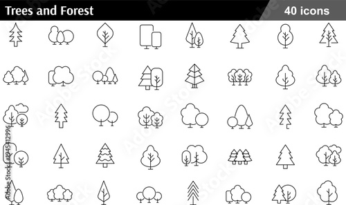 Trees and Forest Thin Line Icons Set Coniferous Pine, Deciduous Leafy Trees, Woodland Nature, Forestry Management and Environmental Landscape Symbols