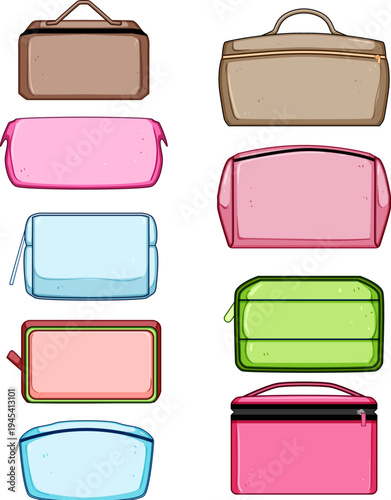 Collection of colorful accessory bags, including various cosmetic cases, zipper pouches, and toiletry organizers, illustrating different types of women's personal storage items
