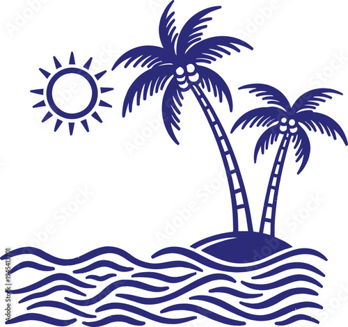 A serene tropical island with palm trees and a sunny sky