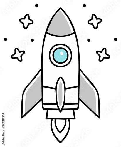 Cute cartoon rocket ship with stars and exhaust flames ascending into space for exploration