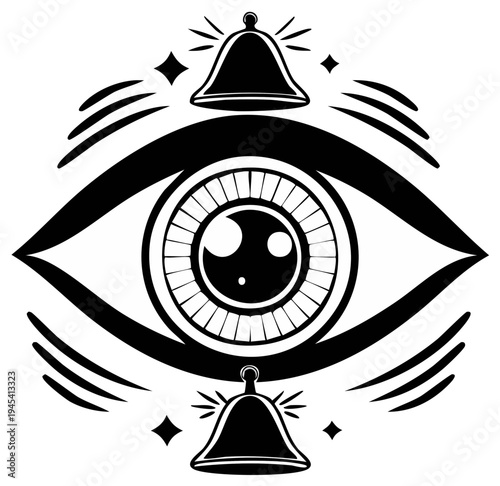 Abstract eye symbol with bells and star bursts, occult design